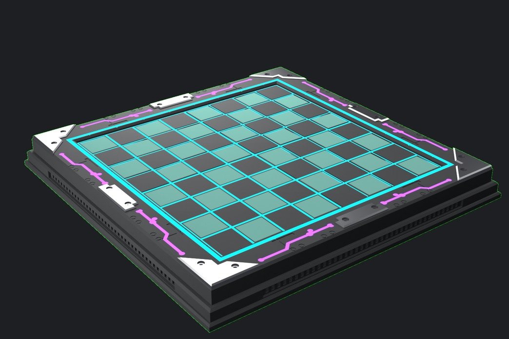 CAD render of the cast chess board with a glowing cyan border and circuit traces.
